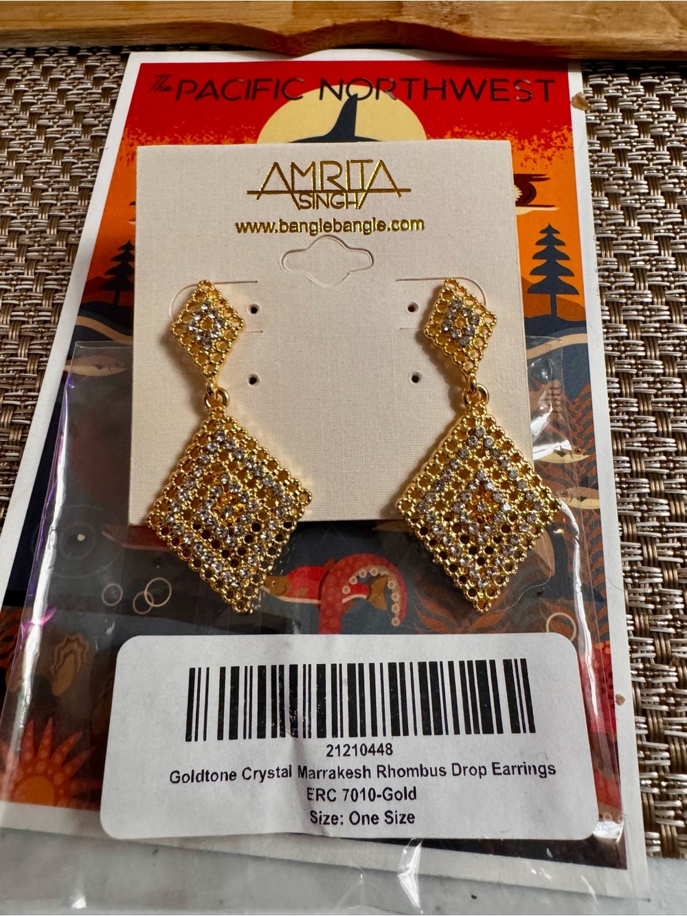 Amrita Singh Gold Filigree Diamond-Shaped Drop Earrings with Clear Stones.